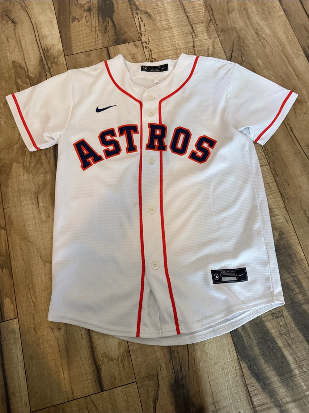 Nike White Astros Button-Front Kids Jersey with Orange & Navy Trim